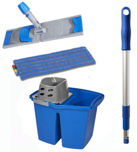 KIT EASY PRESS 5 PIECES - Seaux, Frange microfibre, support plat, manche télescopique 1,30M - MAINE BROSSERIE